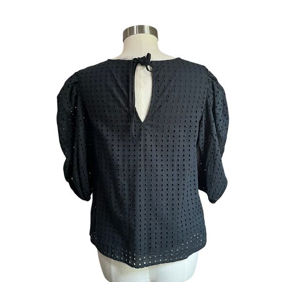 A New Day Black Eyelet Preppy Puff Sleeve Blouse Size Small - Picture 3 of 9